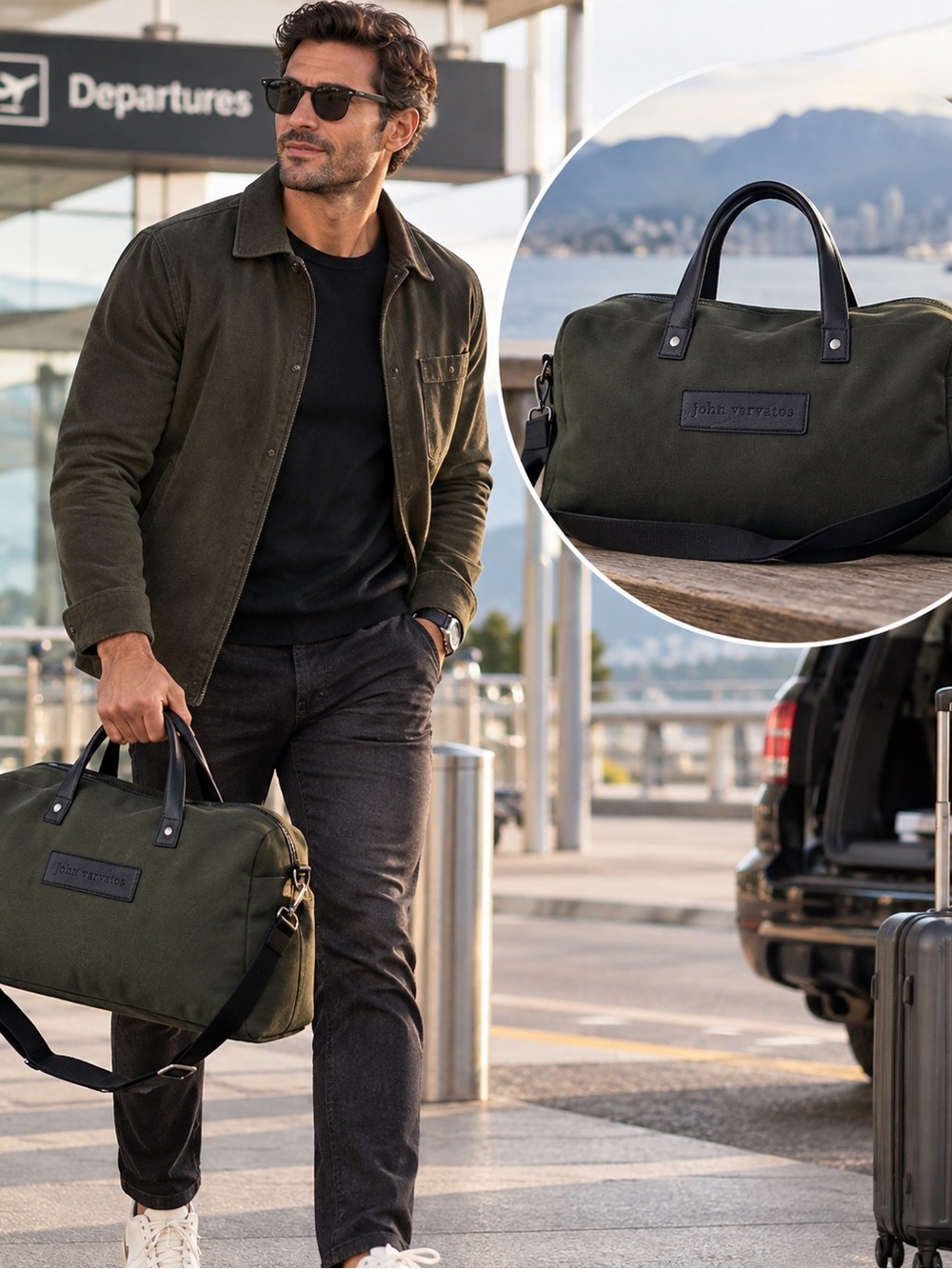 John Varvatos Olive Green Canvas Duffel with Black Leather Trim